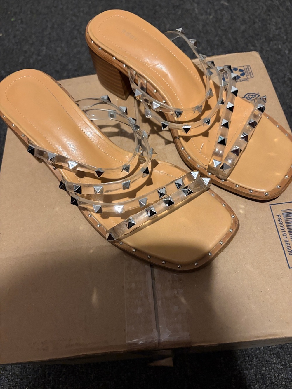 Madden Girl Tan Block Heel Sandals with Clear Studded Straps size 81/2